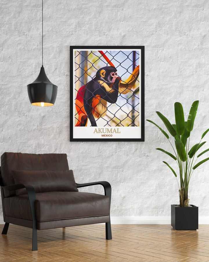 Colorful Akumal Poster featuring Akumal Monkey Sanctuary and Rescued Animals ideal for elegant living room decor and thoughtful anniversary gifts