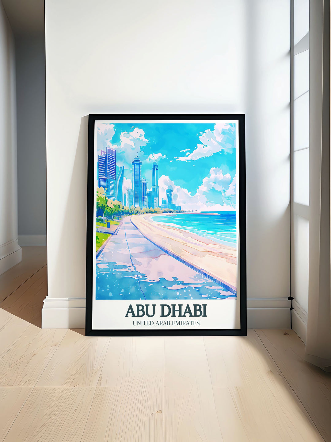 Stunning art print featuring Abu Dhabi Corniche and Corniche beach. This Emirates poster captures the scenic beauty of the waterfront, perfect for enhancing any home decor. Ideal for lovers of Abu Dhabi art and United Emirates decor.