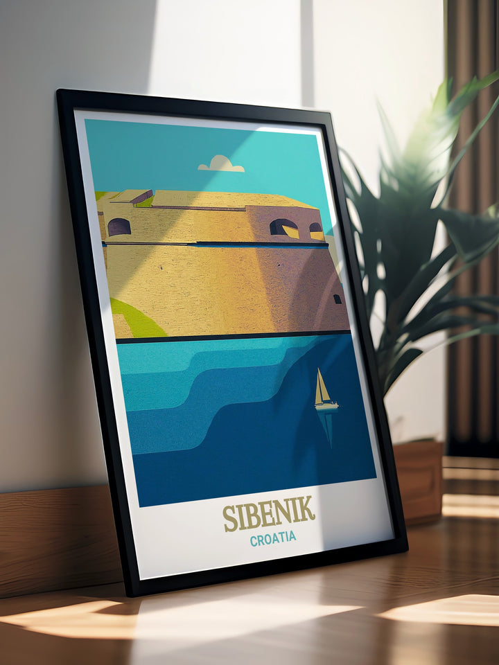 Travel print of Sibenik and St. Nicholas Fortress, Croatia, combining the architectural grandeur of the fortress with the natural beauty of the Adriatic coast. This artwork is a perfect way to bring the history and culture of Croatia into your living space.