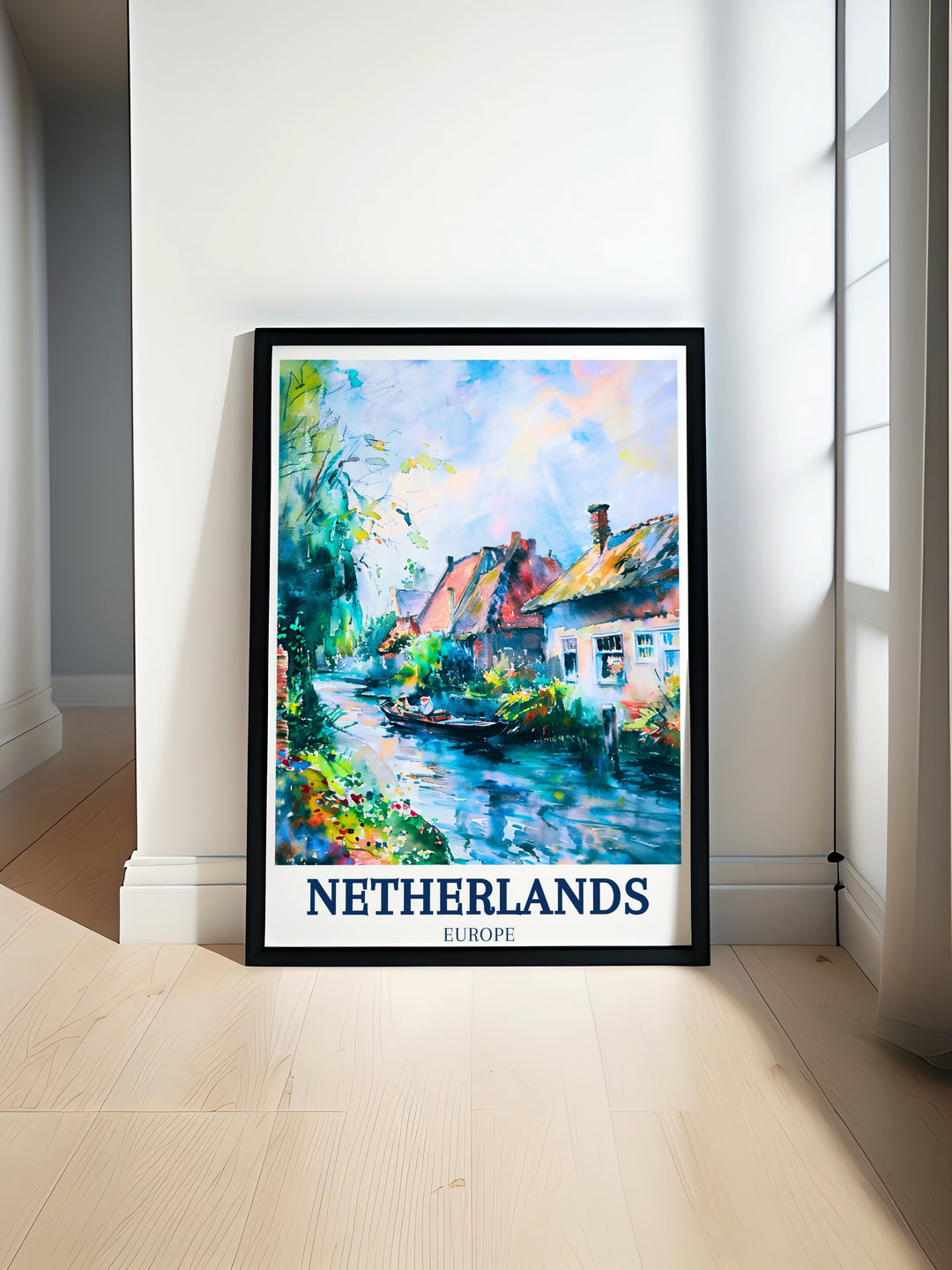 This elegant Holland Poster features the picturesque village of Giethoorn Overijssel perfect for enhancing your home décor with its serene canals and quaint thatched roof houses ideal for those who appreciate minimal travel prints and Dutch charm