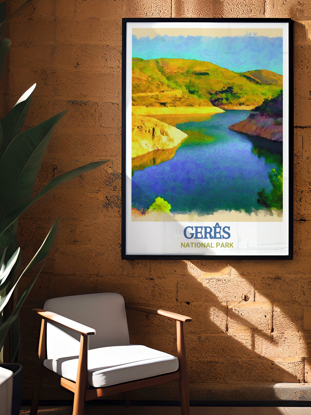 Stunning Vilarinho das Furnas Dam and Reservoir national park print from Geres perfect for adding a touch of natural beauty to any room in your home this art poster showcases the tranquil reservoir and the surrounding rugged mountains of one of Portugals most significant landscapes