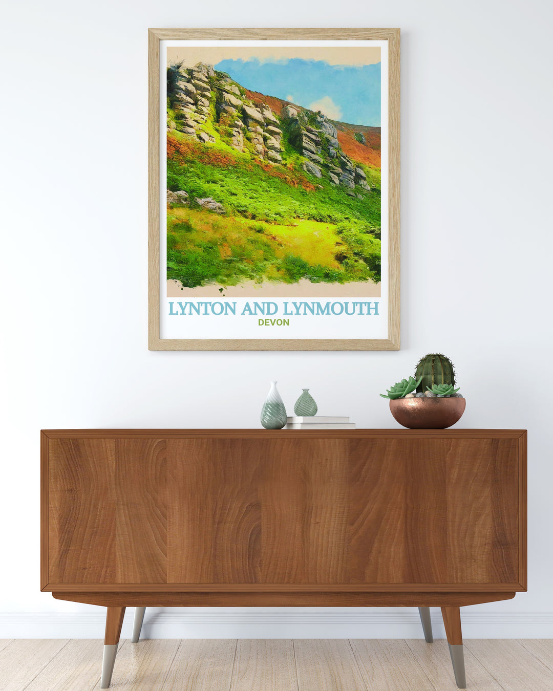 Valley of Rocks art print capturing the rugged cliffs and panoramic views of Lynton And Lynmouth. This vibrant illustration brings the dramatic beauty of the Valley of Rocks into your home decor, perfect for nature enthusiasts and art lovers.