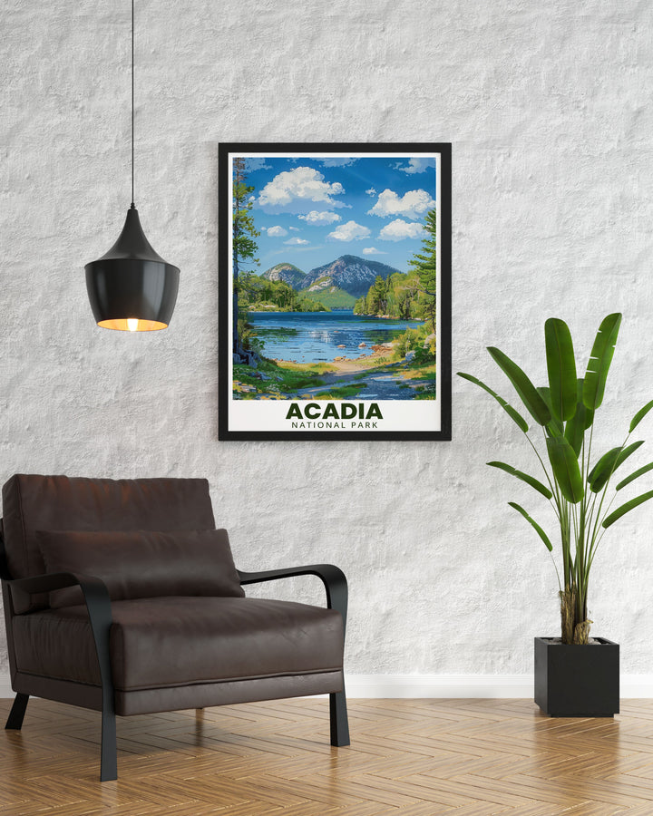 Jordan Pond art print inspired by Acadia National Park designed with retro travel aesthetics. Perfect for enhancing your living room or office decor with a calming nature scene that also makes a thoughtful gift for national park enthusiasts.