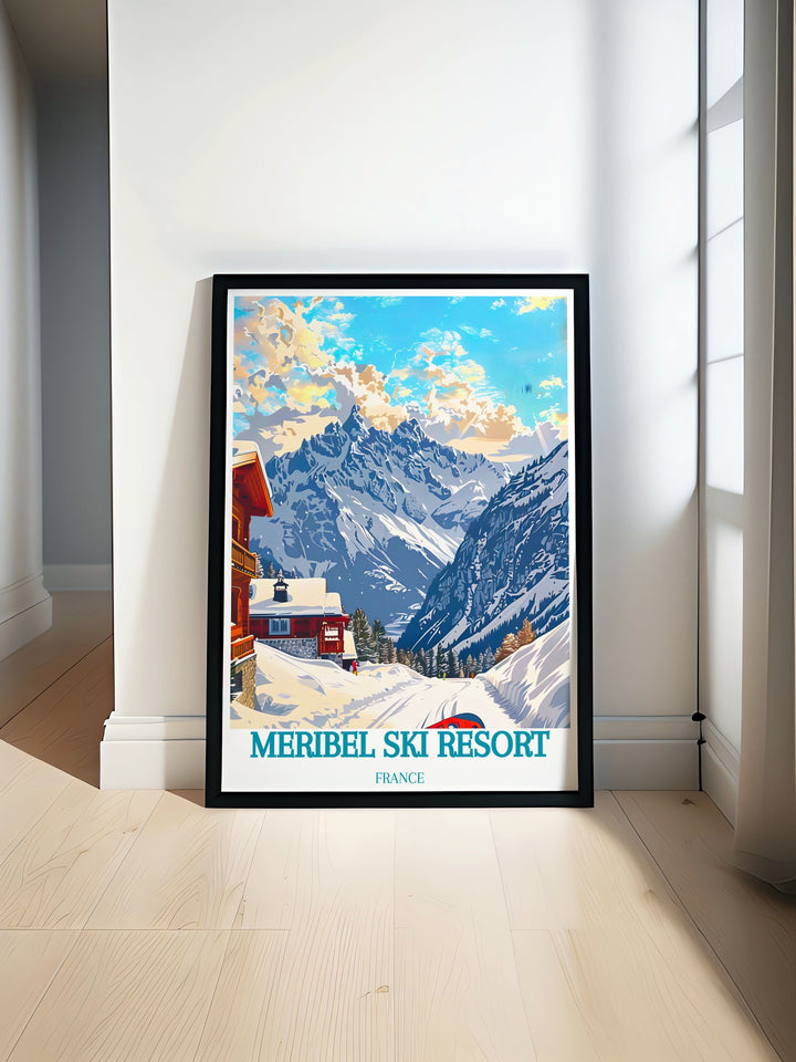 Saulire modern print showcasing the stunning beauty of the Meribel Ski Resort. This artwork highlights Mont Vallon and offers an elegant touch to your home decor. Ideal for ski enthusiasts and alpine lovers.