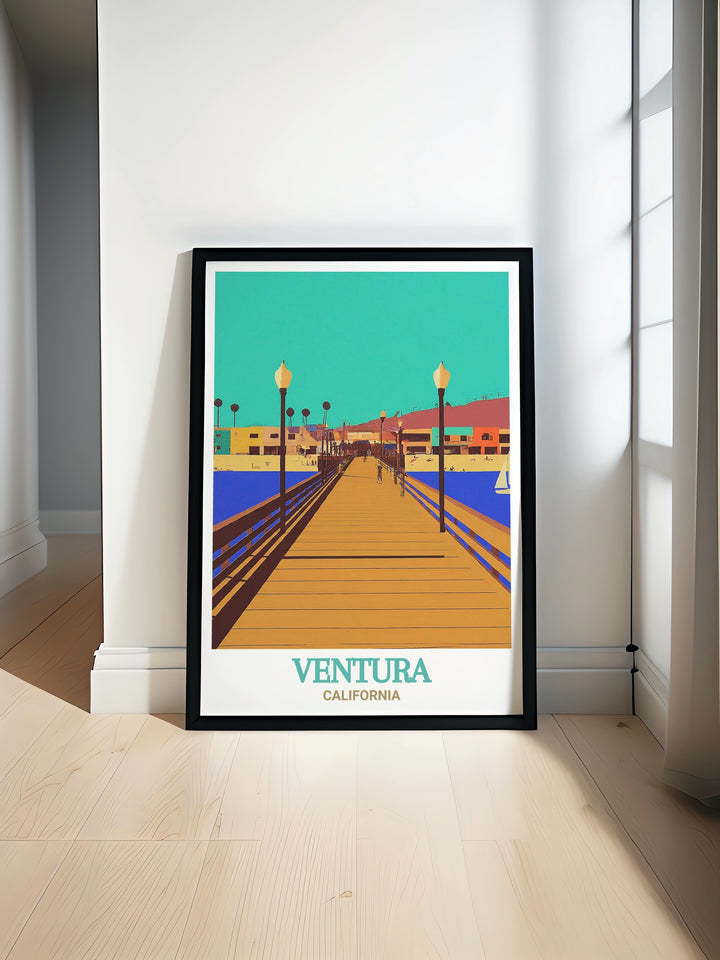 Bring the tranquil beauty of Ventura Pier into your home with this fine line print. The matted black and white artwork captures the essence of Venturas coastal charm and includes a detailed street map of Ventura County, creating a piece that is both elegant and meaningful. Perfect for coastal decor enthusiasts.