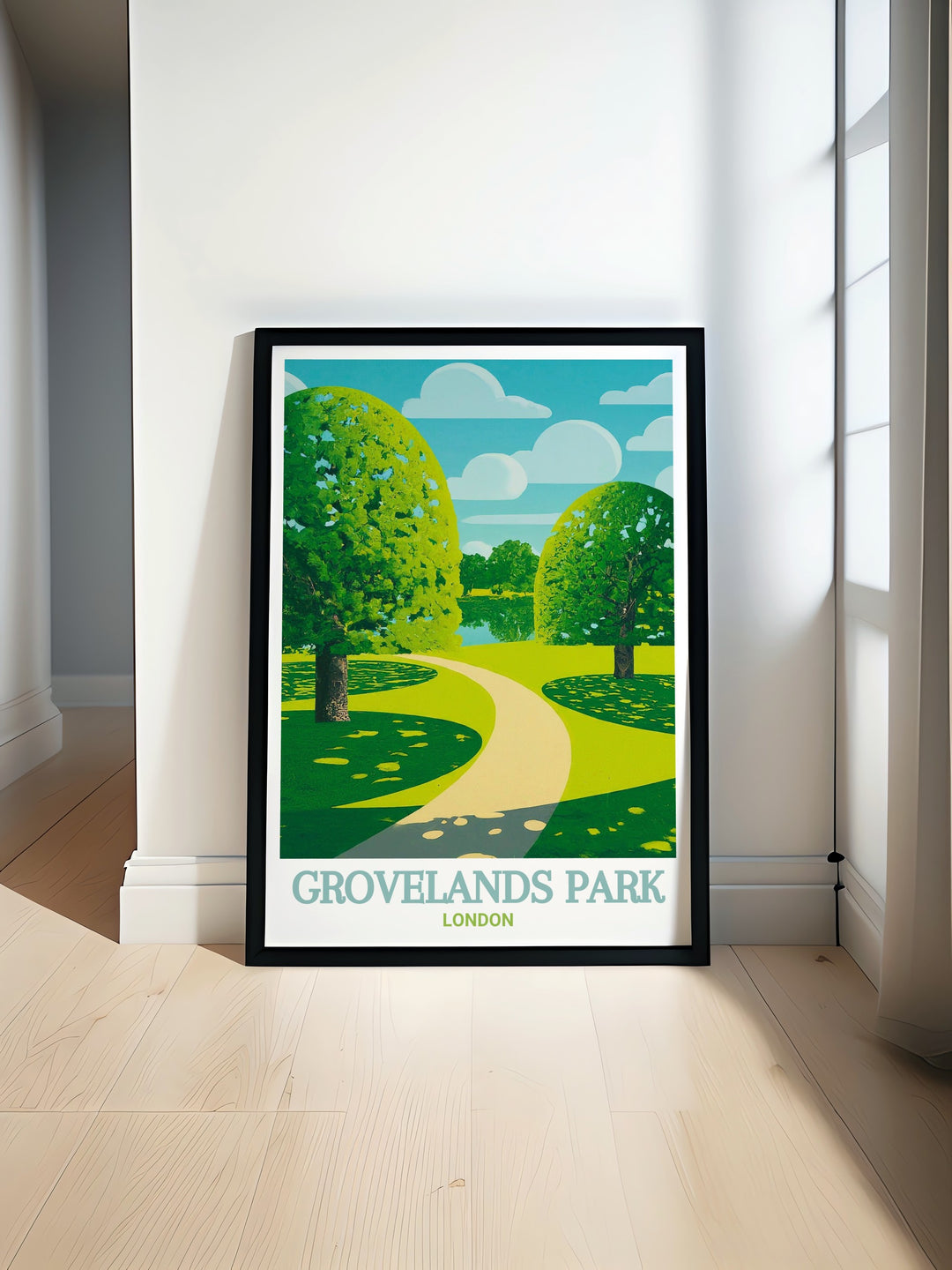 Explore the serene beauty of Grovelands Park with this vintage travel print. Featuring scenic views from Enfield and paired with the stunning Broomfield Park, this London park print is perfect for adding a touch of North London to your home decor.