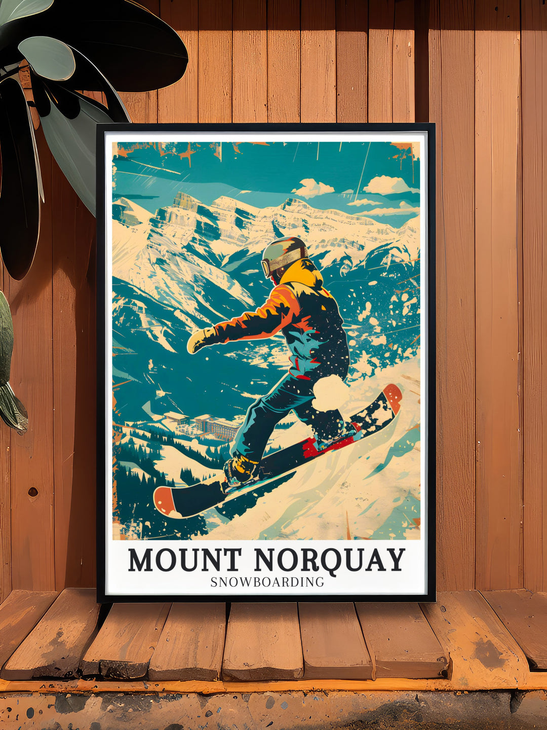 Mount Norquay Snowboarding Wall Print highlighting the adrenaline rush of snowboarding down Mount Norquays slopes, surrounded by the majestic scenery of Banff National Park. This piece is perfect for those who live for winter sports and mountain landscapes.