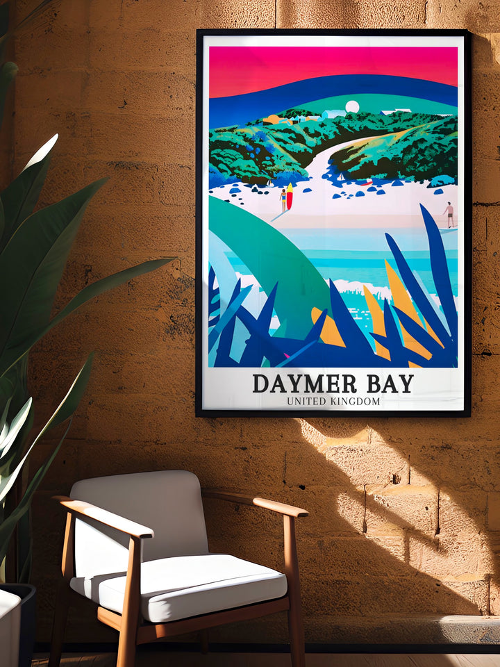 a picture of a poster on a table next to a potted plantThis travel poster beautifully captures the serene beauty of Daymer Bay in North Cornwall, featuring its golden sandy shores and calm waters. Ideal for adding a touch of coastal charm to your home, this artwork celebrates the natural landscape of Englands seaside retreats.