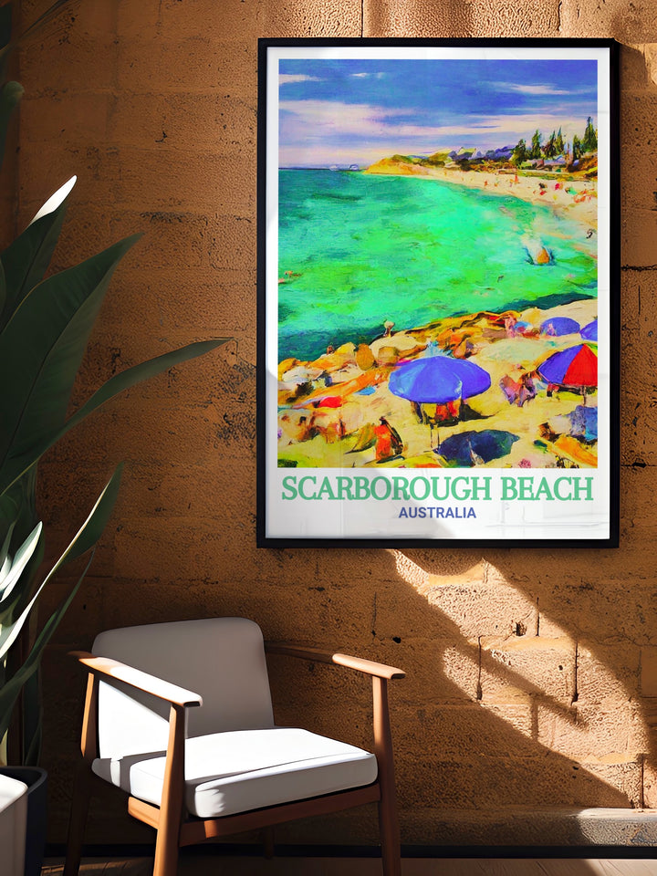 Transform your living space with Scarborough Beach Foreshore Modern Art this stunning Australia Print is perfect for creating a relaxing atmosphere in your home with its vivid depiction of Australias coastal beauty