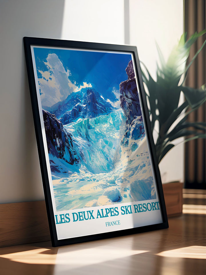 This travel poster showcases the vibrant Les Deux Alpes Ski Resort in the French Alps, capturing its lively village and pristine slopes, perfect for adding a touch of alpine adventure to your home decor.