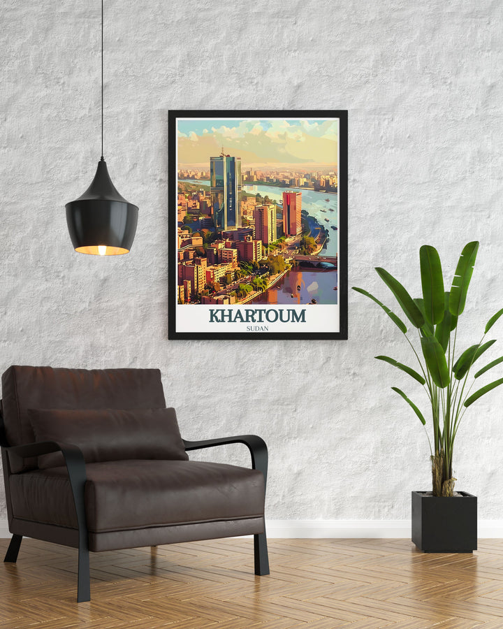 Beautiful Khartoum artwork capturing the city center NTC tower and Nile River ideal for any occasion