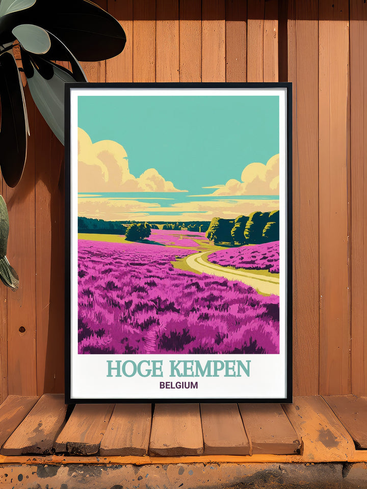 Experience the wild beauty of Hoge Kempen National Park and the blooming fields of Mechelse Heide with this art print, an ideal piece for those who appreciate Belgian landscapes.