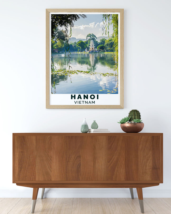 Highlighting the vibrant culture of Hanoi, this travel poster of Hoan Kiem Lake brings the lively streets and historic surroundings into your home decor.