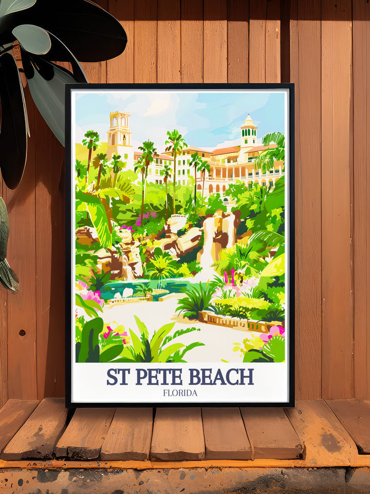 Beautiful St Pete Beach poster highlighting the picturesque St Pete shoreline and Saint Pete Beach Hotels a wonderful addition to your collection of Florida travel art and a great way to enhance your home decor