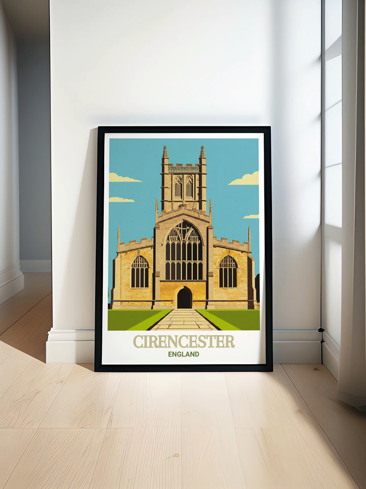 Cirencesters Parish Church of St. John Baptist is depicted in stunning detail in this travel print, perfect for those who want to bring a piece of Englands rich history into their home decor.