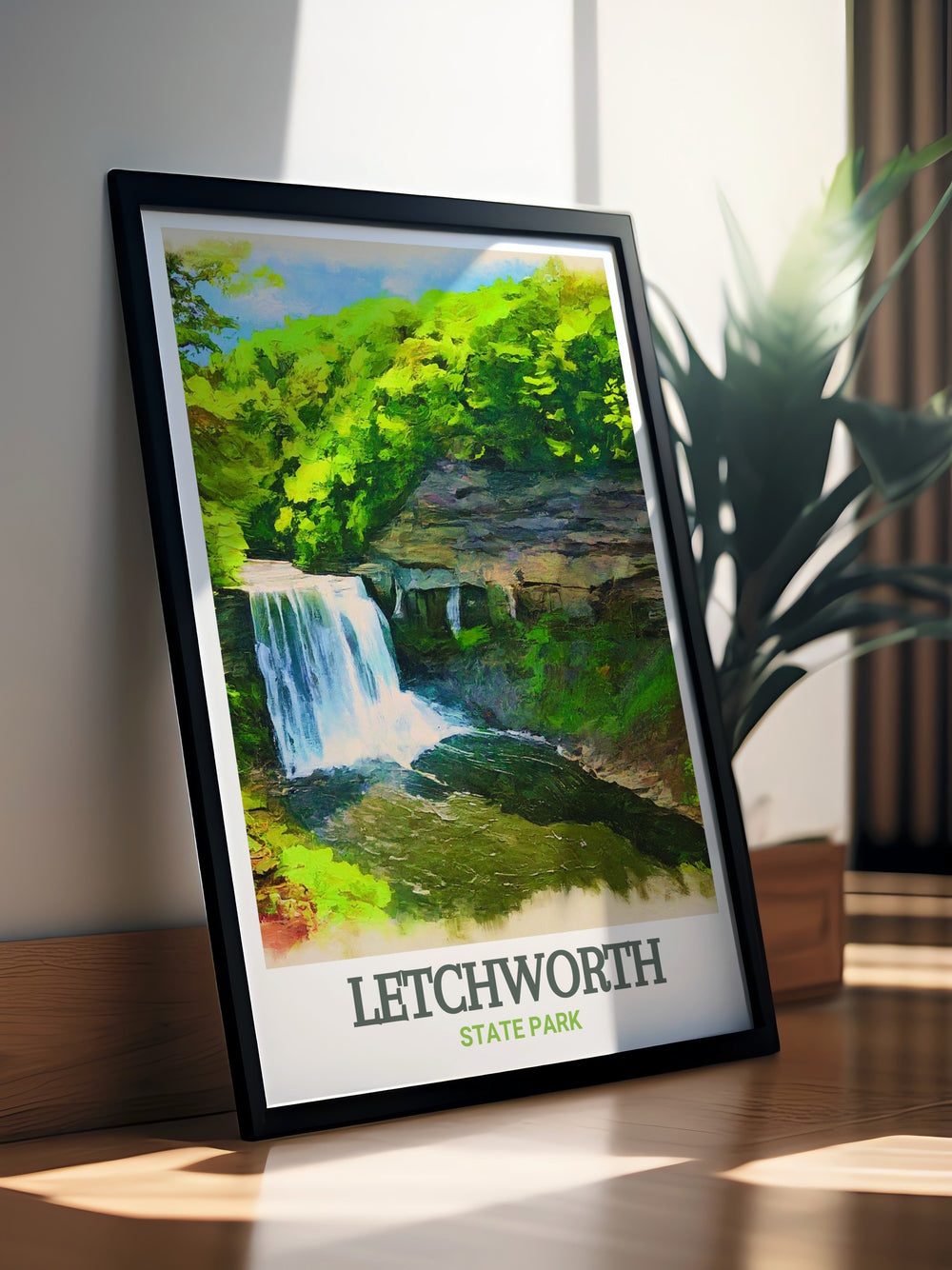 Captivating Middle Falls wall decor featuring the powerful cascade and vibrant greenery of Letchworth State Park. The vibrant colors and intricate details of this print celebrate the beauty and power of Middle Falls, making it a meaningful addition to any living space.