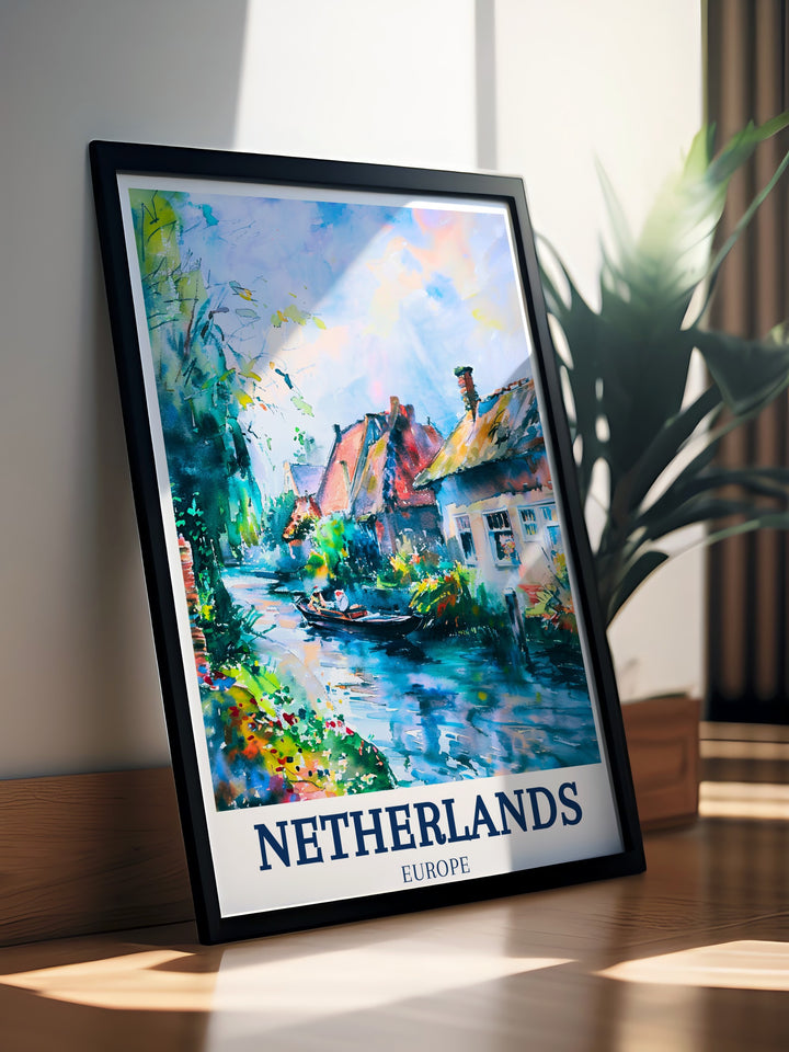 Beautifully designed Netherlands Print featuring the serene village of Giethoorn Overijssel this minimal travel print adds a touch of Dutch elegance to any room making it a perfect gift for lovers of tranquil landscapes and charming architecture