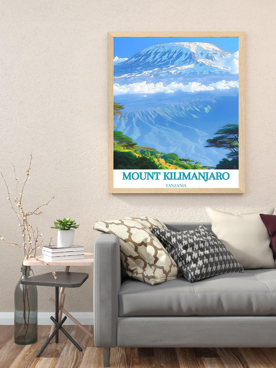 Mount Kilimanjaro framed print featuring intricate details of Tanzanias peak perfect for adding a touch of luxury to home decor and celebrating travel experiences.