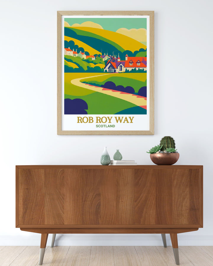 A vibrant canvas art piece capturing the scenic beauty of the Rob Roy Way, including key landmarks like Loch Tay and Aberfoyle. This art print is the perfect gift for hikers and those who love Scotlands breathtaking landscapes.