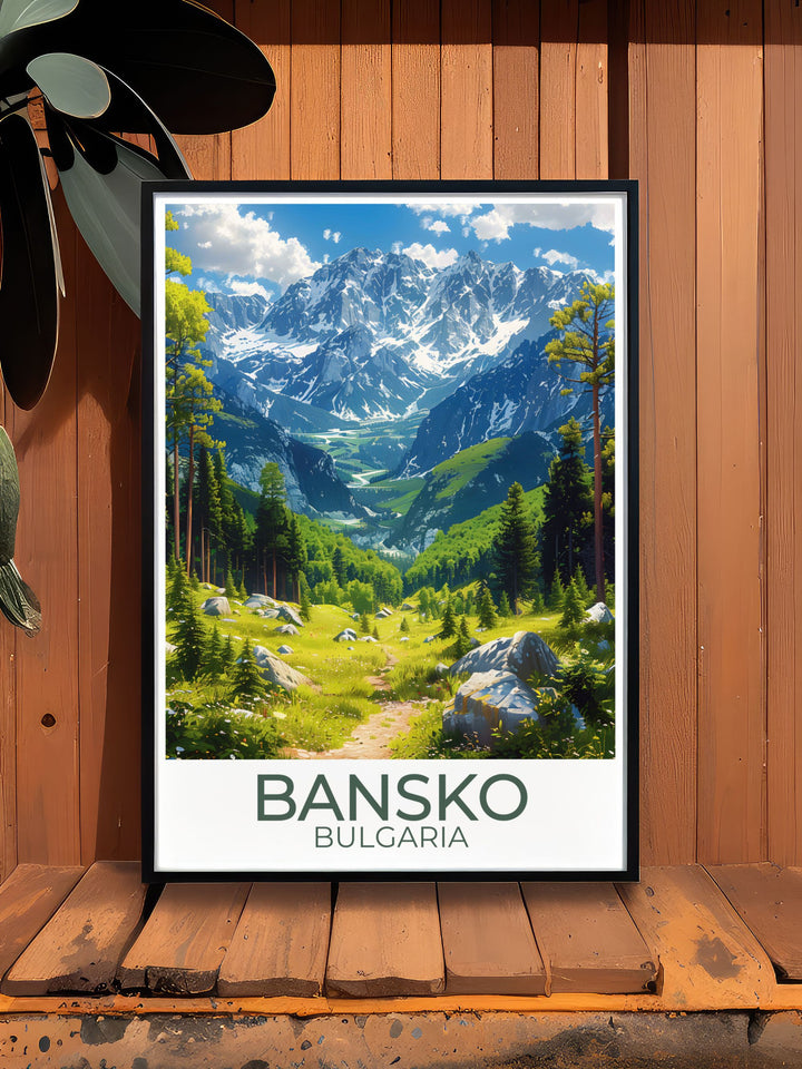 The charm of Bansko Ski Resort, with its lively ski scene and stunning mountain backdrop, is brought to life in this poster, offering a piece of Bulgarias natural allure for your home.