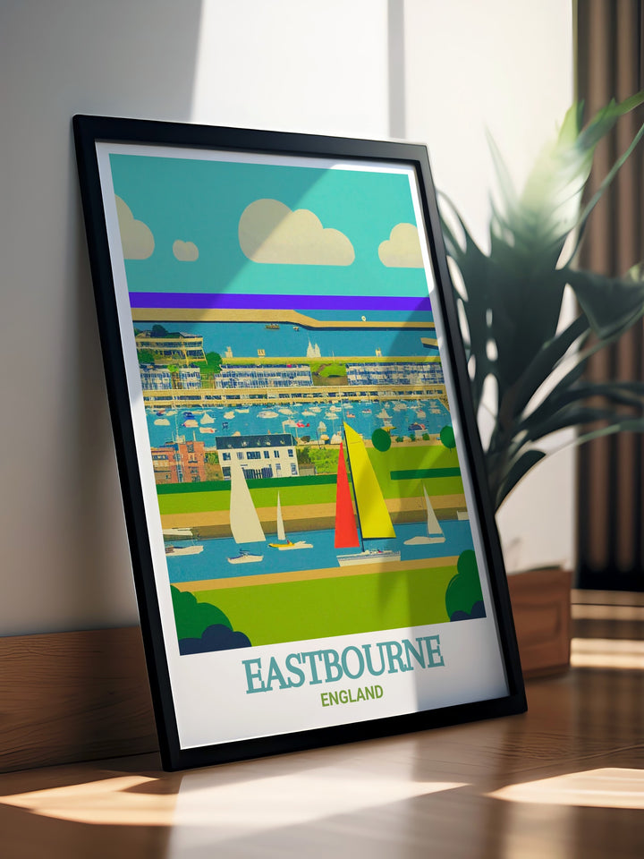 Sovereign Harbour travel poster capturing the scenic beauty and contemporary charm of this beloved marina along the South Downs Way. Ideal for nautical enthusiasts, this print adds a touch of English sophistication to any room.