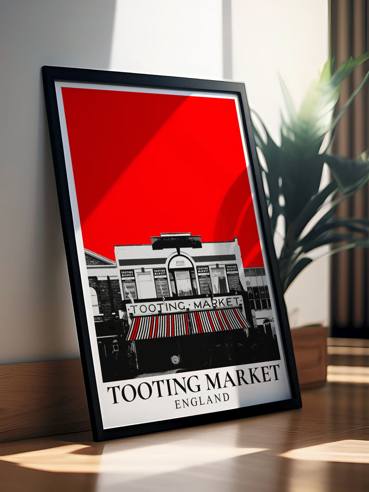 A beautiful Tooting Market Print ideal for lovers of London architecture and South London artwork capturing the essence of the vibrant market atmosphere