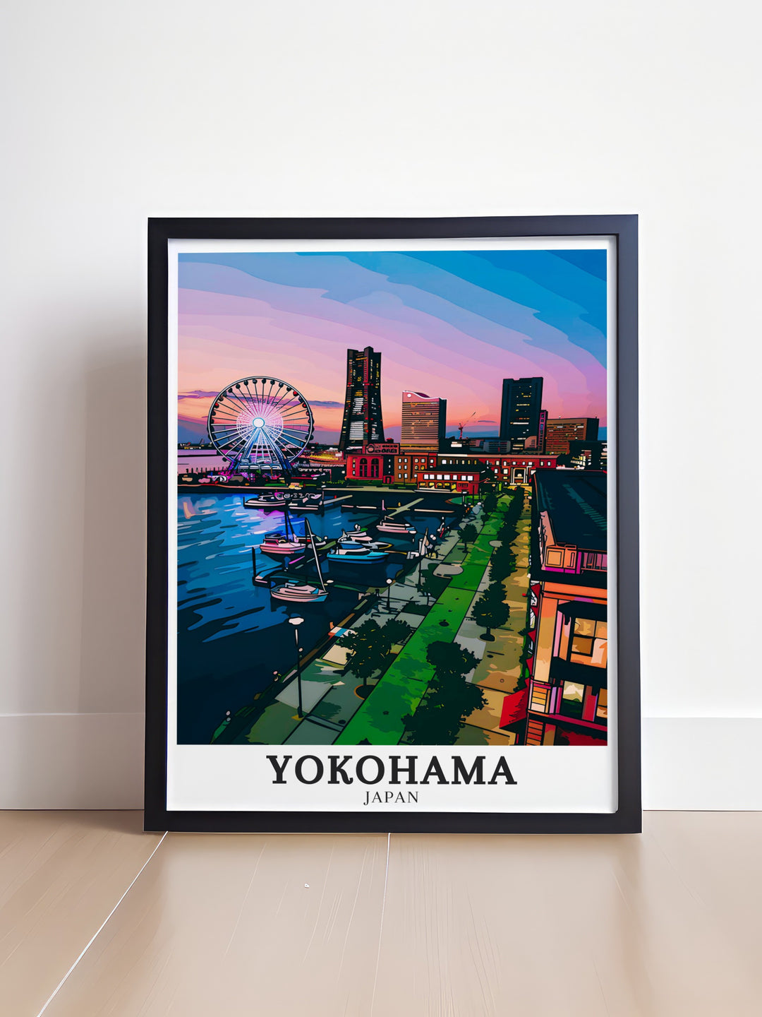 Yamashita Parks picturesque scenery is showcased in this artwork, highlighting its serene harbor view and the nearby Ferris wheel. The print captures the essence of a quiet evening in Yokohama, where the citys lights reflect off the calm waters. A perfect addition for those who cherish Japanese landscapes and culture.