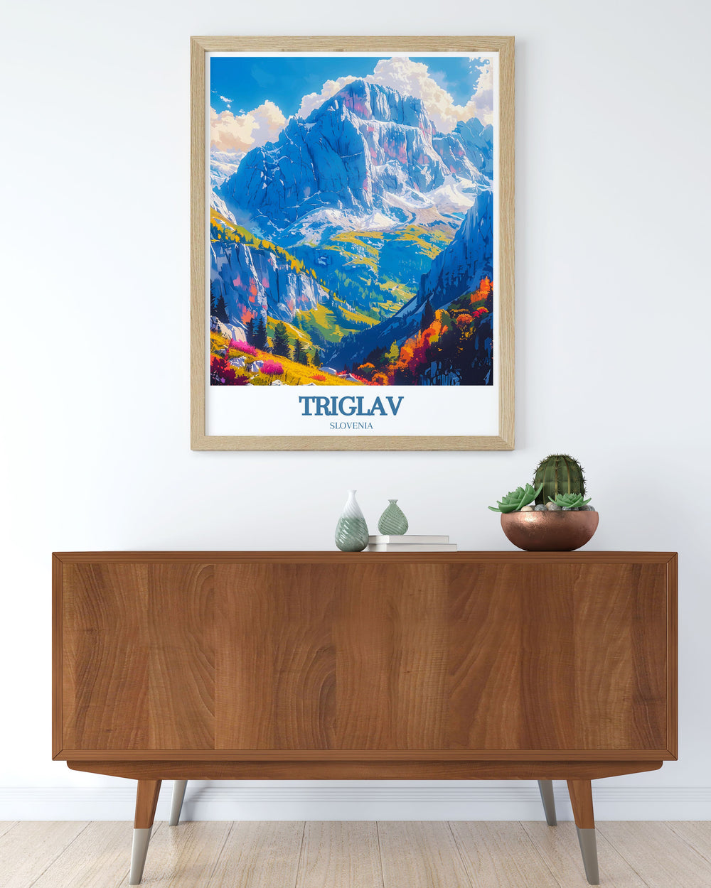 Experience the rugged beauty of Triglav Peak with this vintage travel print capturing Mount Triglav and the serene landscapes of Slovenia ideal for those who love mountain climbing and want to bring a touch of the Julian Alps into their home.