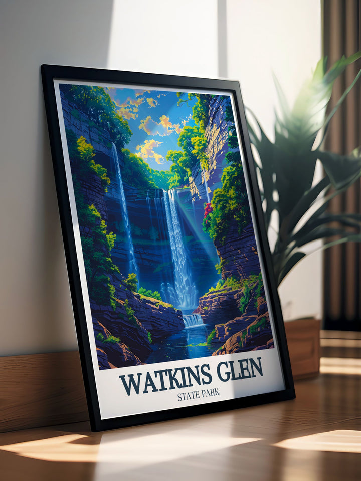 Experience the serene charm of Watkins Glen State Park with this exquisite travel poster. The artwork beautifully depicts the parks natural beauty, from its majestic waterfalls to its scenic gorges. Ideal for those who appreciate New Yorks natural wonders, this piece adds tranquility and elegance to your living space.