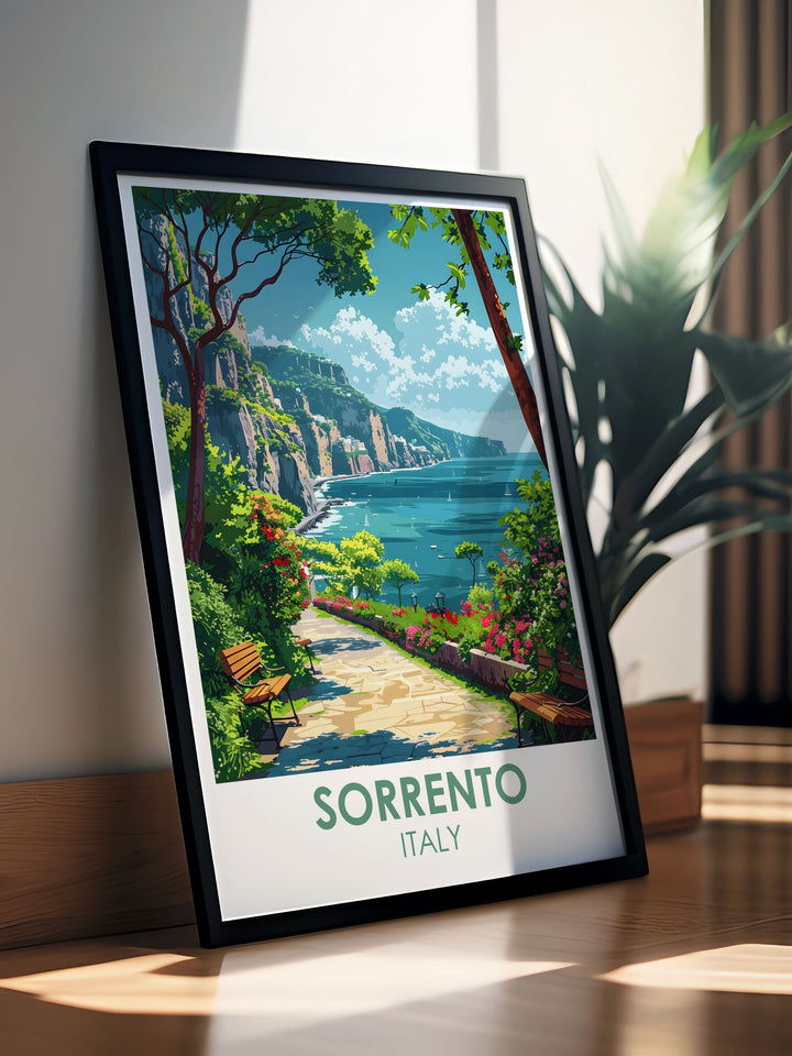 Elegant Sorrento poster featuring Villa Comunale Park with its serene benches and stunning views. This Italy wall art is perfect for those who appreciate fine art and want to add a piece of Italys natural beauty to their home or office decor.