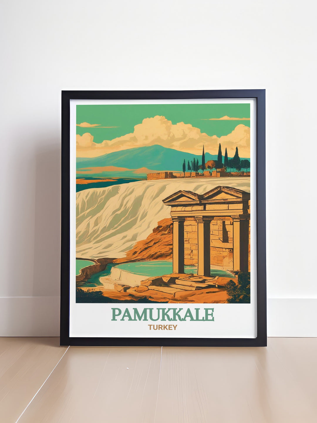 This travel poster features Pamukkale and Hierapolis, blending the natural beauty of the terraces with the ancient grandeur of the theater. The detailed depiction offers a stunning view of these iconic Turkish landmarks, perfect for enhancing your home decor.