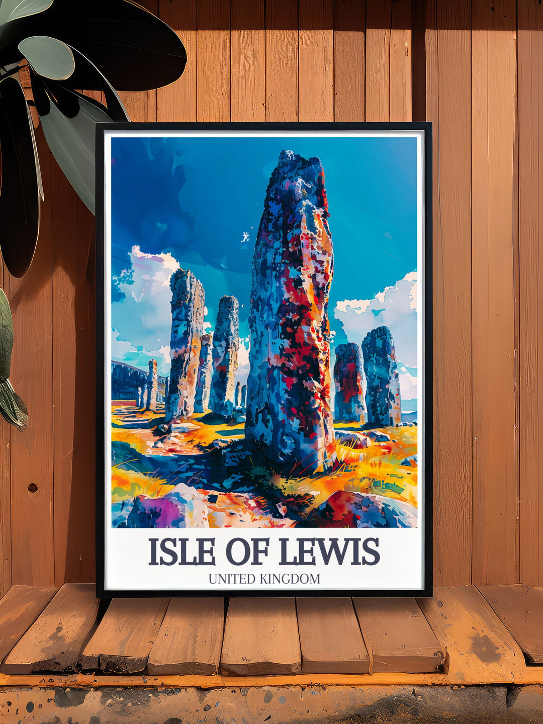 This captivating travel print features the iconic Callanish Stones, where ancient history meets breathtaking scenery. The artwork beautifully illustrates the unique shapes of the stones, making it a perfect addition to any collection celebrating Scotlands heritage.