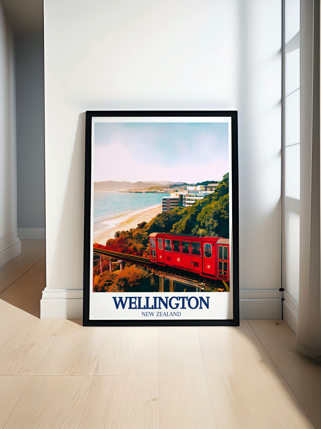 Oriental Bay wall poster highlights the calm waters and scenic beauty of Wellingtons waterfront. This New Zealand art piece is perfect for beach lovers and urban explorers, adding a touch of Wellingtons coastal vibe to any room or personal art collection.