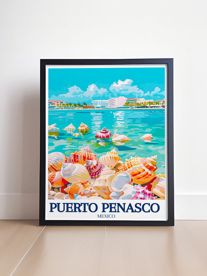 Elevate your home decor with the peaceful beauty of Puerto Peñasco, captured in this travel print featuring Sea Shell Beach and the serene Cholla Bay. Whether as a gift or a keepsake, this artwork brings a calming coastal touch to any room.