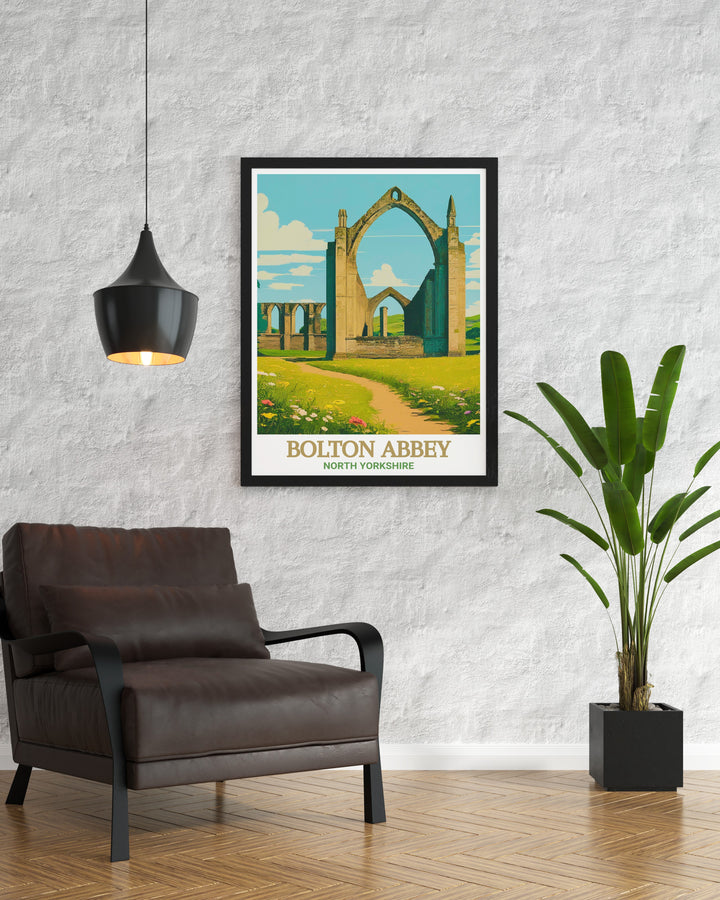 Stunning Bolton Priory Ruins poster capturing the timeless beauty of the Yorkshire Dales with detailed artwork of the Bolton Abbey ruins an ideal piece for those who love UK travel and the natural elegance of North Yorkshires National Park.