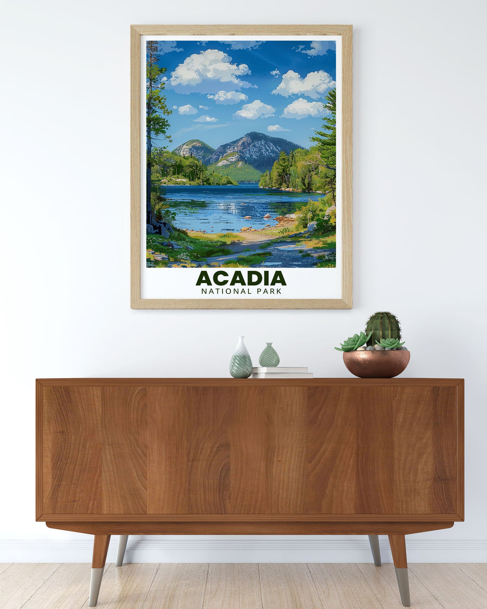 Jordan Pond artwork from Acadia National Park showcased in a vibrant retro style. This Acadia print adds a touch of nature to any room and is perfect for those who appreciate national park wall art and classic travel poster designs.