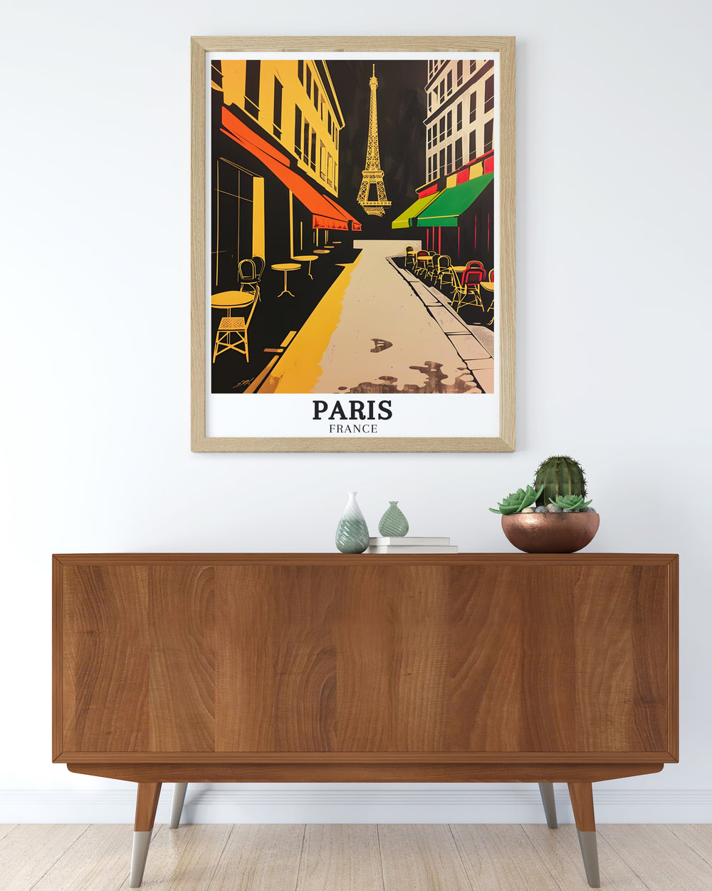 Elegant Paris Poster showcasing The Eiffel Tower and Parisian streets ideal for adding a touch of Parisian charm to your home. This colorful art print is a must have for any Paris lover.