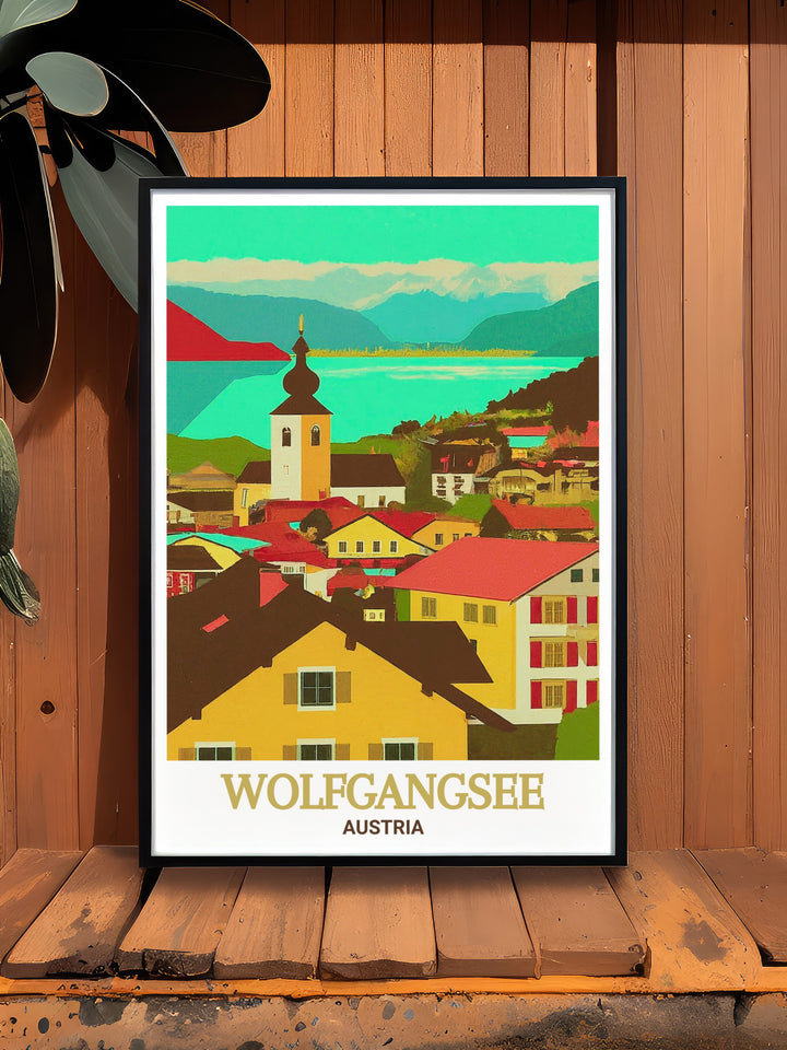 Wolfgangsee and St. Gilgen travel art capturing the iconic landmarks in vibrant detail. This print brings the beauty of Austrias natural and cultural landscapes into your living space, making it a perfect gift for friends and family who love to travel and explore.