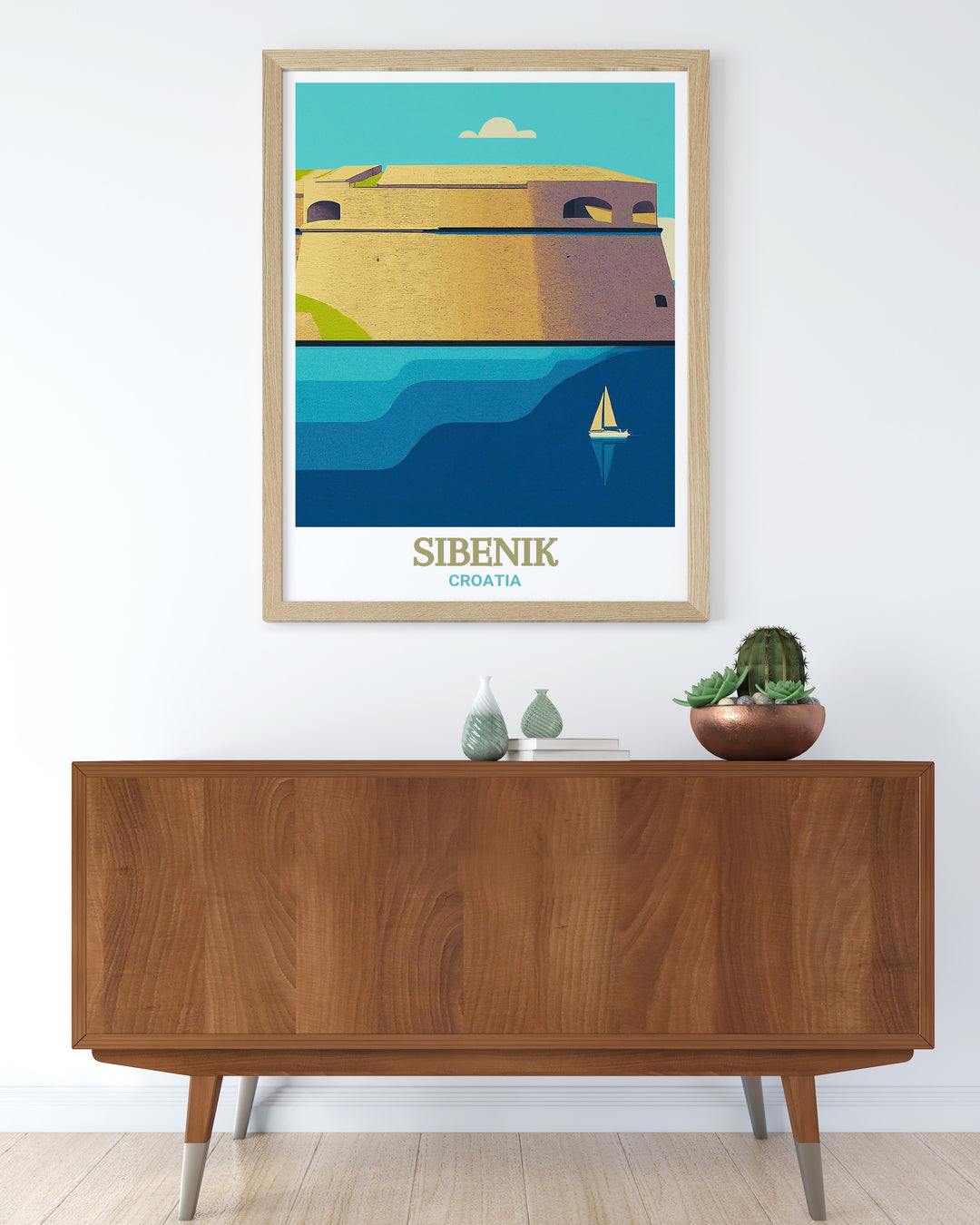 Wall poster of St. Nicholas Fortress in Sibenik, Croatia, highlighting the fortresss role in the towns defense and its architectural uniqueness. The print serves as a constant reminder of Croatias rich cultural heritage, perfect for enhancing the ambiance of any room.