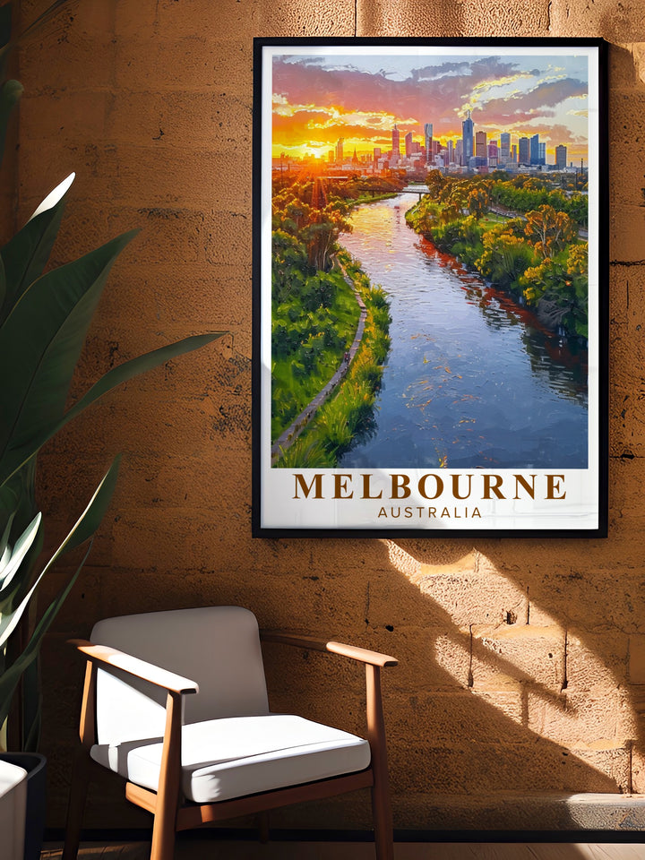 The Melbourne Print showcases the citys vibrant culture and peaceful riverside views of the Yarra River. A perfect addition to any home decor, this artwork celebrates Melbournes iconic landmarks and natural beauty.