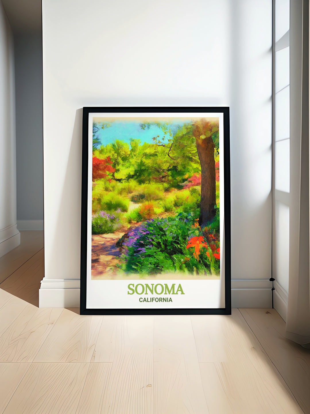 Sonoma print in black and white featuring a city map design and fine line detailing paired with Quarryhill Botanical Garden prints. Perfect for modern decor this art print adds elegance to any room and makes a great anniversary or birthday gift.