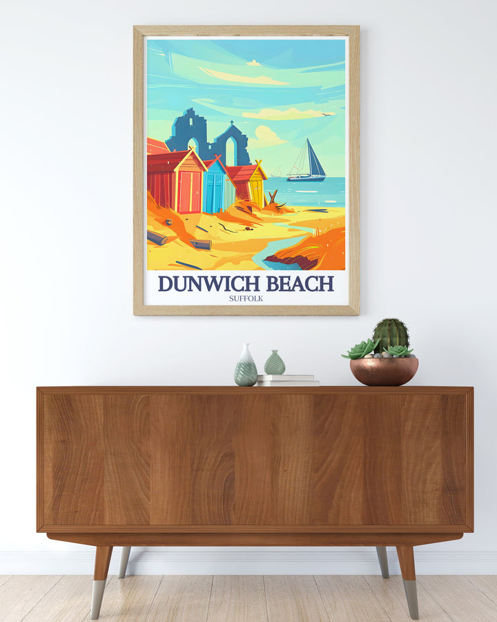 Dunwich Beach vintage poster captures the timeless beauty of the Suffolk coast, paired with the intriguing history of the Dunwich Church Ruins. This canvas print is a perfect addition to any room, offering a serene coastal scene with a historical twist.