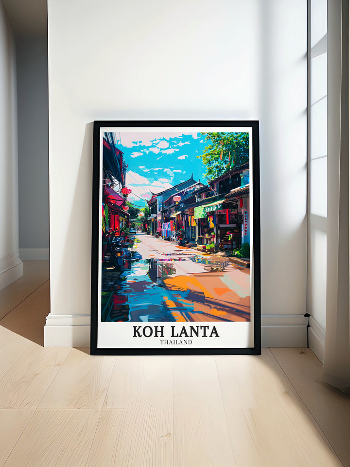 Ko Lanta Yai, Lanta Old Town modern prints showcase the beauty of Thailands tropical island Koh Lanta. Vibrant beach art and stunning island wall decor bring a touch of Thai paradise to any living space. Perfect for travelers and beach lovers looking to elevate home decor.