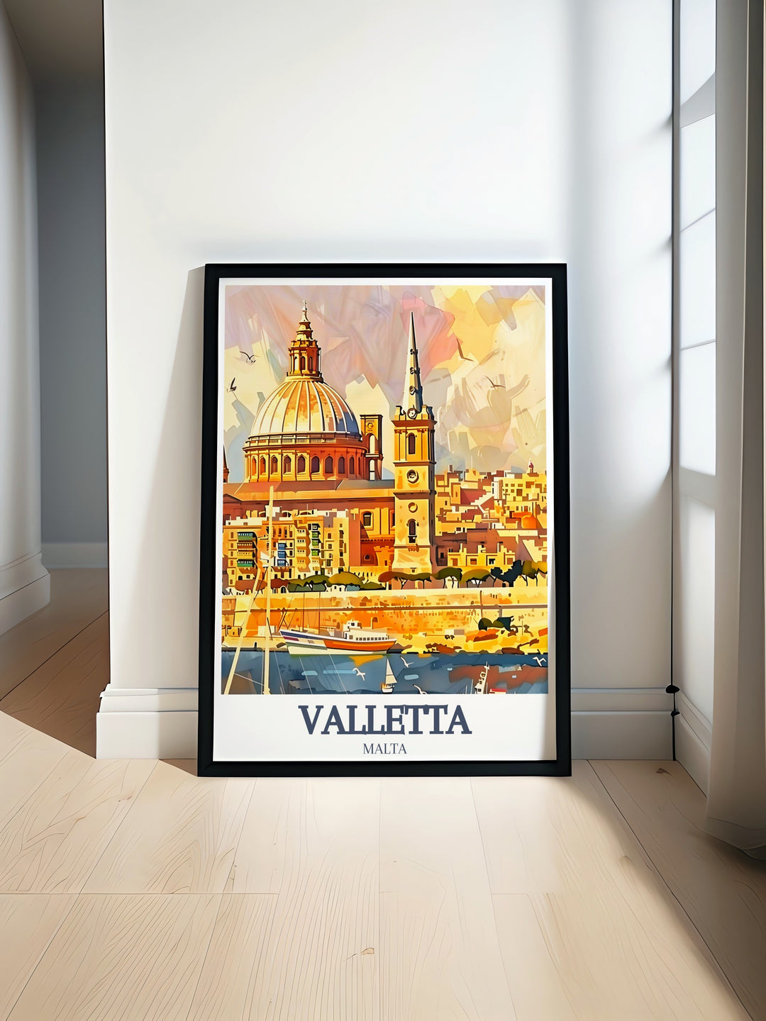 Our Malta artwork highlights the stunning skyline of Valletta, focusing on the breathtaking St. Johns Co Cathedral and the bustling Grand Harbour. This print is a great gift for travel lovers and those who appreciate Mediterranean beauty.