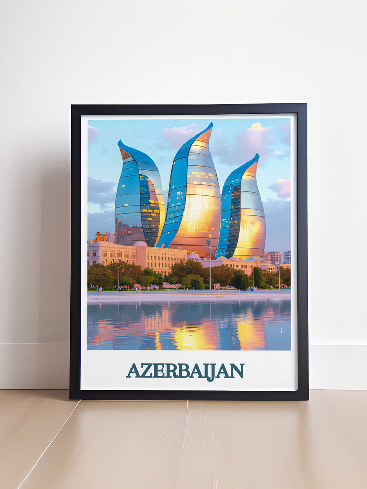 Capture the beauty of Baku with this Flame Towers poster featuring a breathtaking view of Azerbaijans capital city a perfect addition to any home or office decor this travel print offers an elegant design with rich details of the iconic Flame Towers architecture