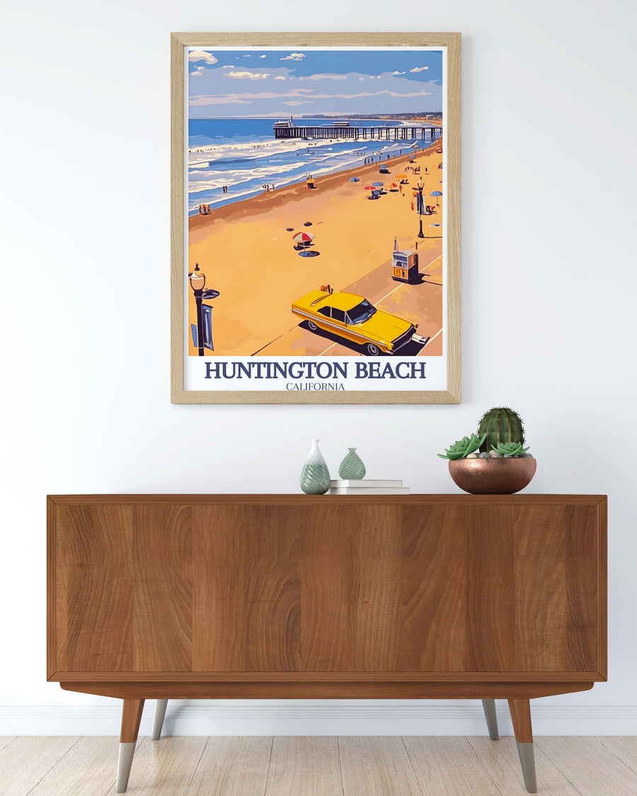 A stunning travel poster of Huntington State Beach Park and the Pacific Ocean, showcasing Californias sandy shores and ocean views. This artwork is ideal for those who love coastal landscapes and personalized gifts.