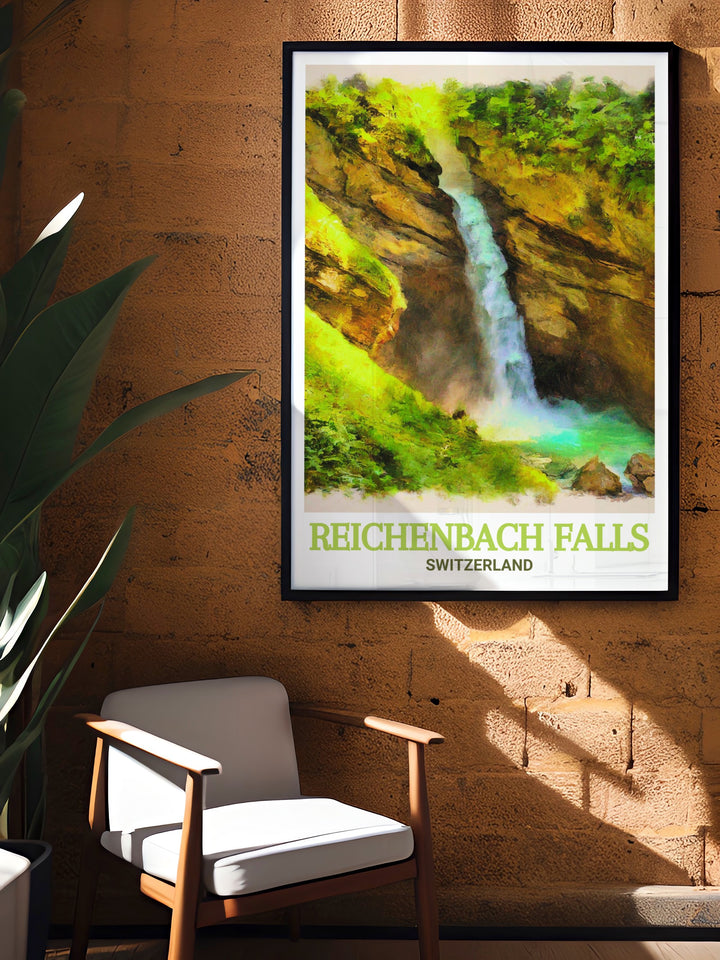 A stunning art print of Reichenbach Falls in Switzerland, showcasing the iconic waterfall in rich detail. The poster captures the natural beauty of this famous Swiss landmark, making it an ideal travel gift or home decor piece for anyone who loves Switzerland or the famous Sherlock Holmes tales.