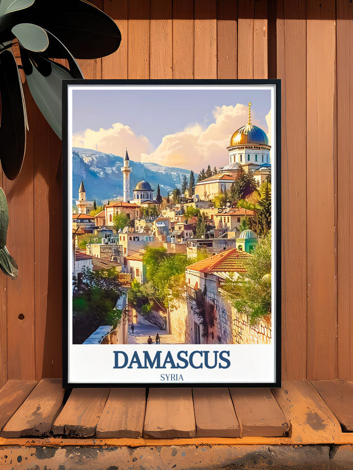 Framed art depicting the stunning skyline of the Old City, showcasing the Umayyad Mosque and other historic landmarks of Damascus, ideal for history lovers.