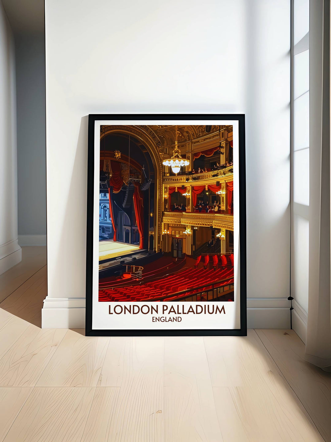 Royal Box and VIP area Palladium Art Deco Print showcasing the elegance of Londons iconic theatre. This retro travel poster highlights the architectural splendor and historical significance of the Palladium in the West End. Perfect for adding a touch of London theatre history to your decor.