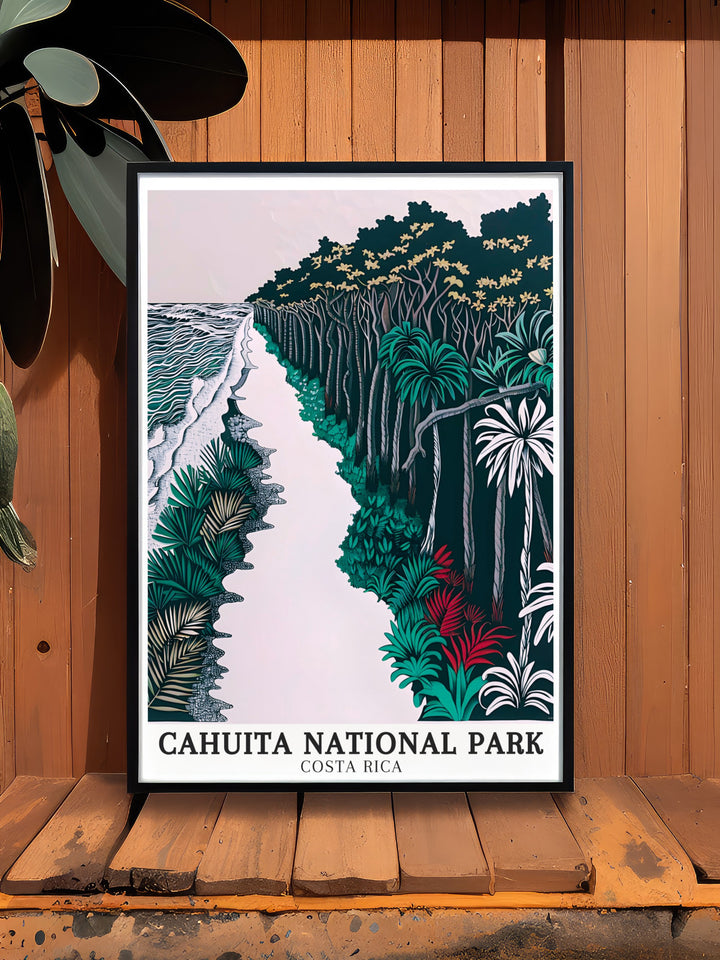 Cahuita National Park Wall Art brings the stunning natural wonders of Costa Ricas Caribbean coast into your living space. This travel print highlights the diverse ecosystems and breathtaking landscapes that make Cahuita a must see destination.